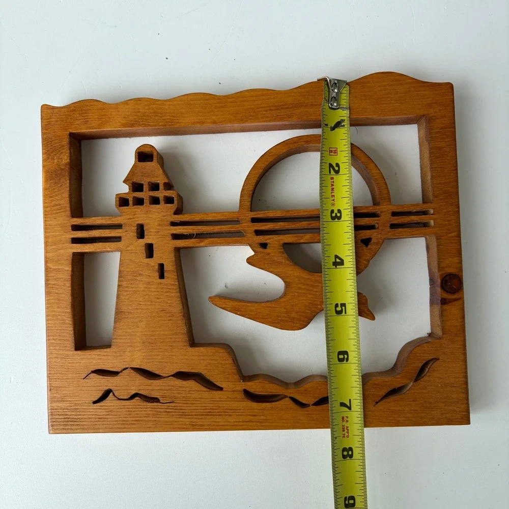 Vintage Hand Carved Wood Nautical Lighthouse Seagull Sun Wall Art Decor 9x7.5
